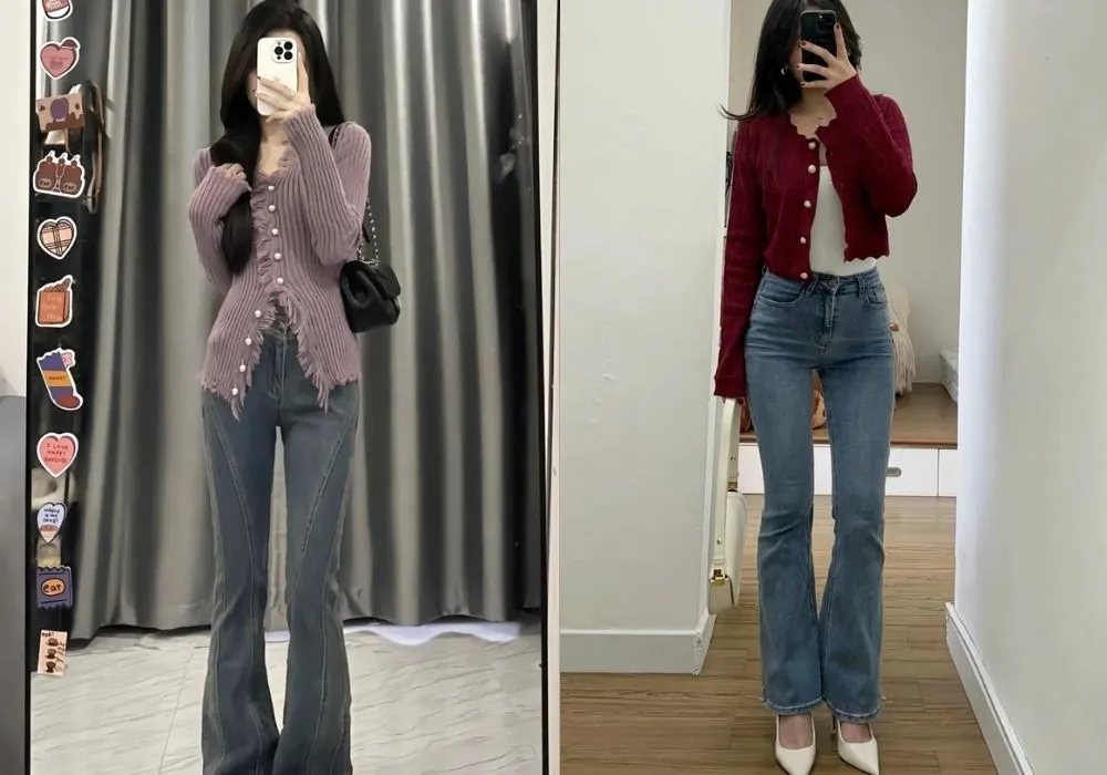 Phối đồ với áo cardigan nữ và quần jean ống loe (Nguồn: Internet)