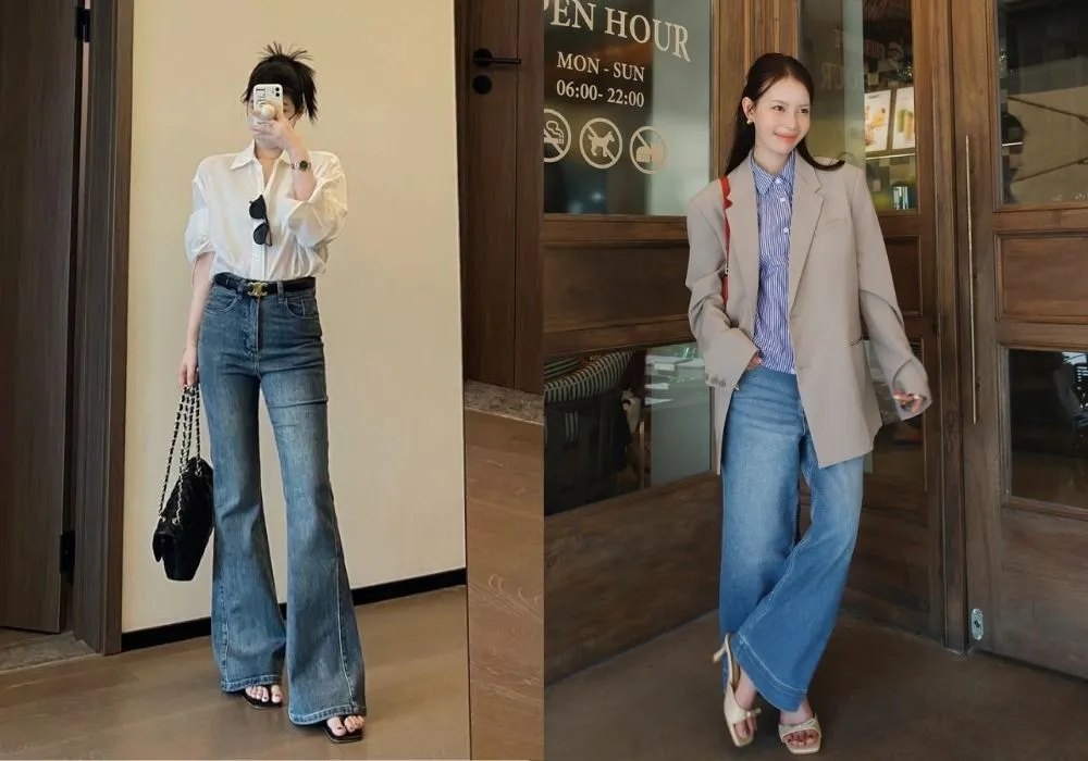 Cách phối quần jean ống loe với áo sơ mi cho nàng công sở (Nguồn: Routine)