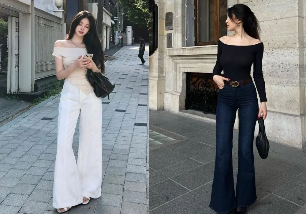 Thanh lịch và quyến rũ với quần jean ống loe và áo trễ vai đơn giản (Nguồn: Internet)