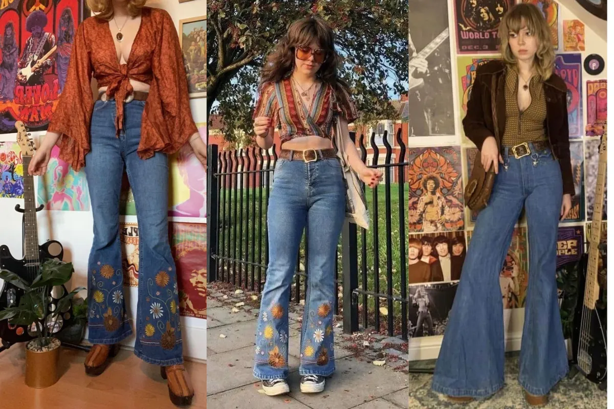 Quần jean ống loe là items không thể thiếu khi phối đồ theo Hippie style (Nguồn: Internet)