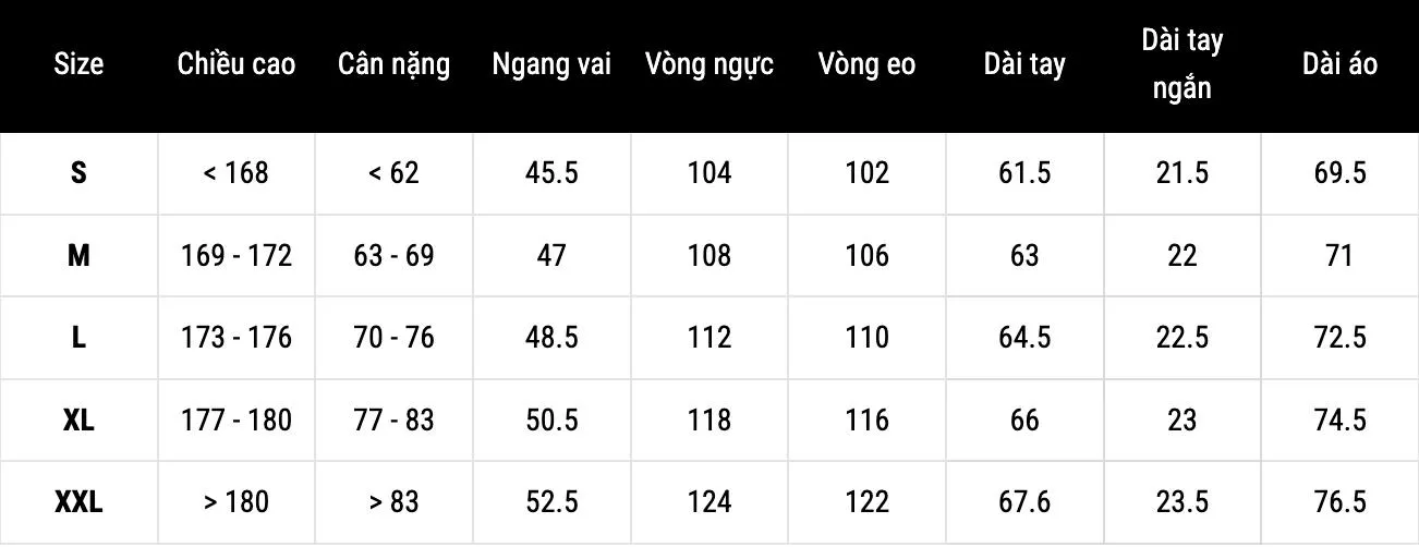 Bảng size áo thun nam từ size S đến XXL của thương hiệu Routine