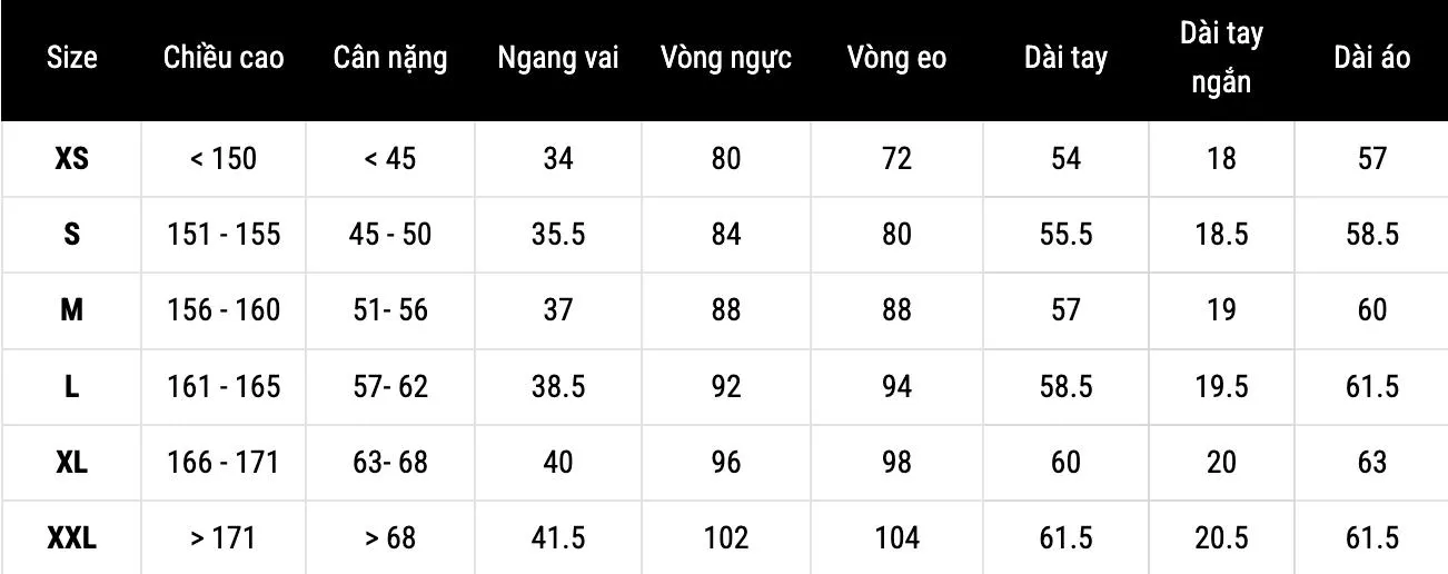 Bảng size áo thun đa dạng từ XS đến 2XL của Routine