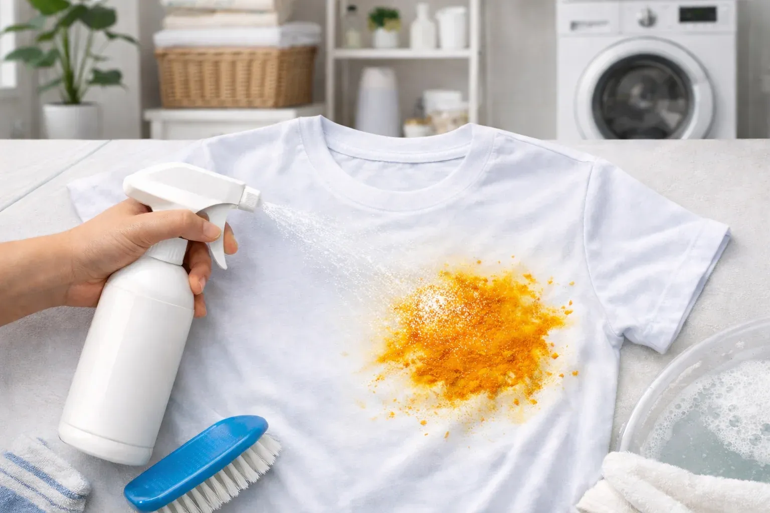 Áo trắng có vết nghệ được xử lý bằng dung dịch tẩy