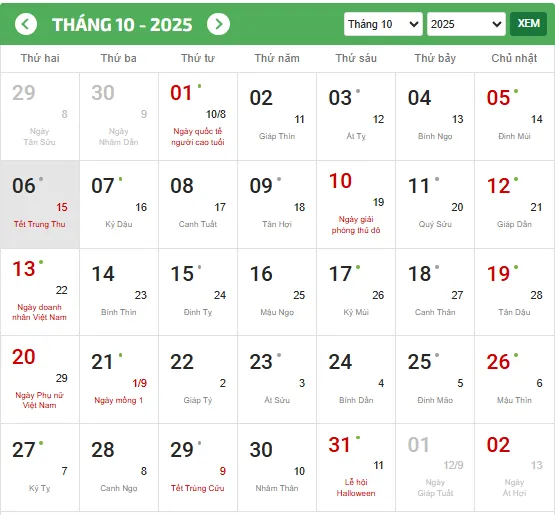 tết trung thu năm 2025