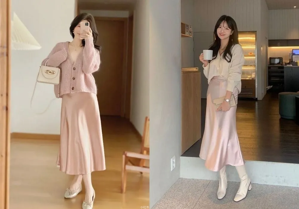 Phối váy lụa cực xinh, thu hút cùng chiếc&nbsp;áo cardigan