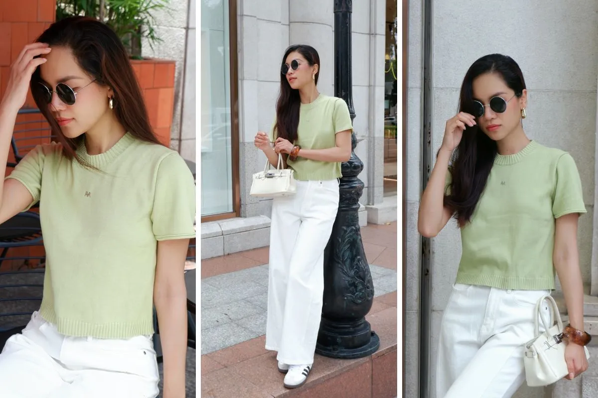 Outfit cho nàng công sở đơn giản nhưng thu hút với túi xách mini, quần denim trắng và áo xanh bơ