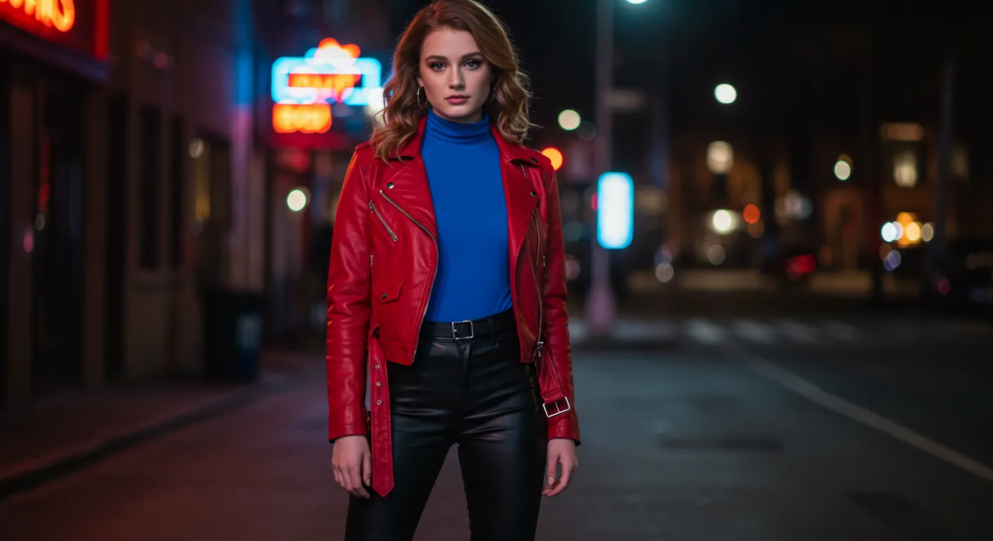 Cá tính, gợi cảm, đầy thu hút với áo bodysuit xanh Coban và áo khoác đỏ đô (Nguồn: Internet)